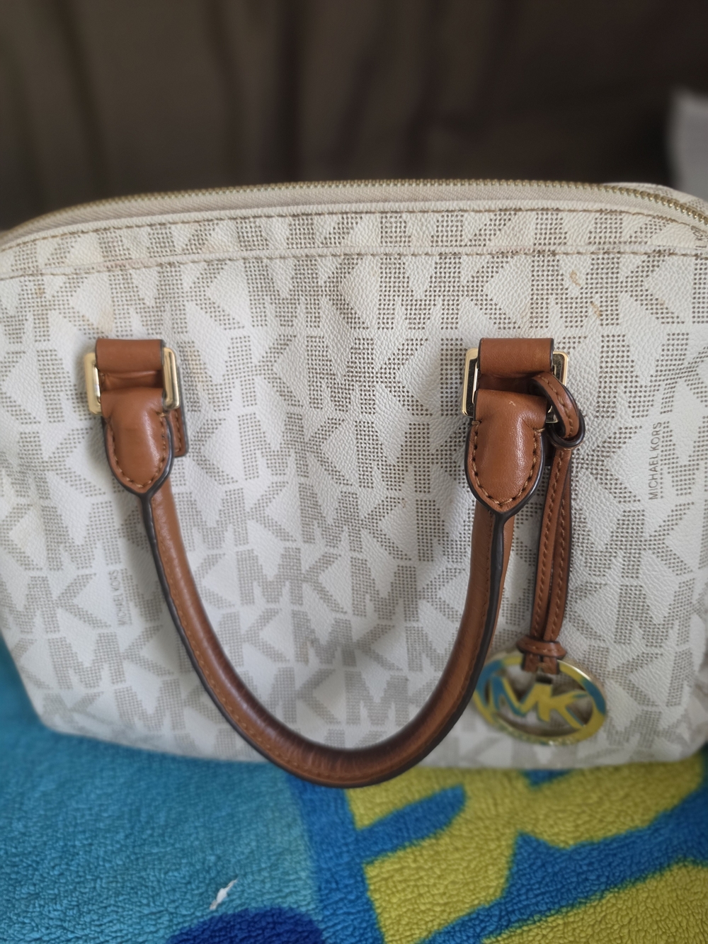 Michael Kors White and Brown Signature Satchel